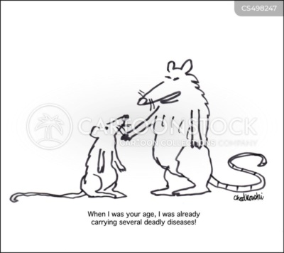 Cartoon of a young rat listening to an old rat. The old rat is bragging, "When I was your age, I was already carrying several deadly diseases!"