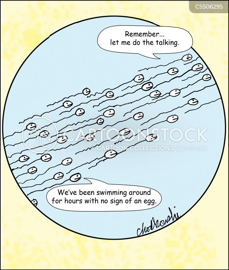 Cartoon of sperm swimming in a field of blue. One of the guys complains, “We’ve been swimming around for hours with no sign of an egg.” Up front another sperm is telling the guys, “Remember...Let me do the talking.”