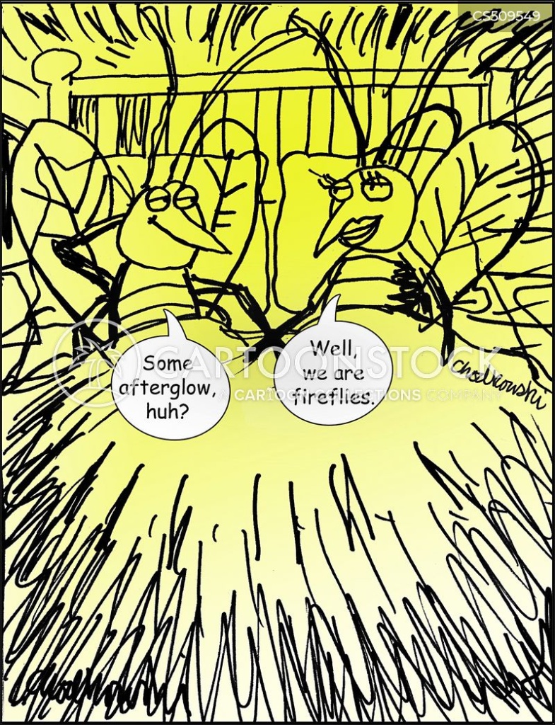 Cartoon. Two fireflies are in bed. Having made love, they are surrounded by bright yellow light. The male brags, “Some afterglow, huh?” The female says, “Well, we are fireflies.”
