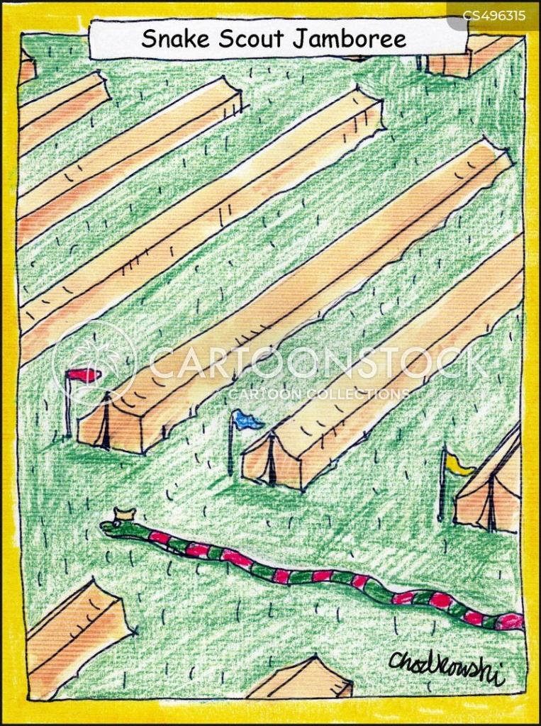 Cartoon. Rows of long, scout tents designed to house snakes. It's for the snake jamboree. Everyone appears to be inside, asleep except for the monitor who is slithering along, making sure all is well.
