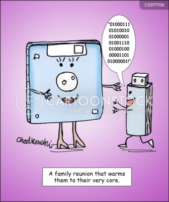 Cartoon. With his arms opened wide, a computer thumb drive is rushing toward a female-faced floppy disk to give her a hug. The thumb is saying “Grandma” in binary code. The caption reads:”A family reunion that warms them to their very core.”