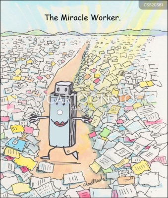 Cartoon of thumb drive standing in an clean path it has forged through a sea of paper work. Its arms are out proudly showing it's ability to declutter. The memory stick is labeled, “The Miracle Worker.”