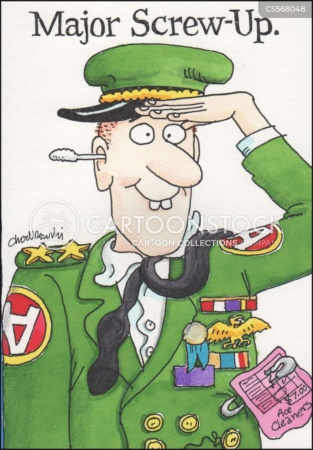 Cartoon. Military planning starts at the top with Major Screw-up, here pictured as a disheveled military major giving a goofy salute.