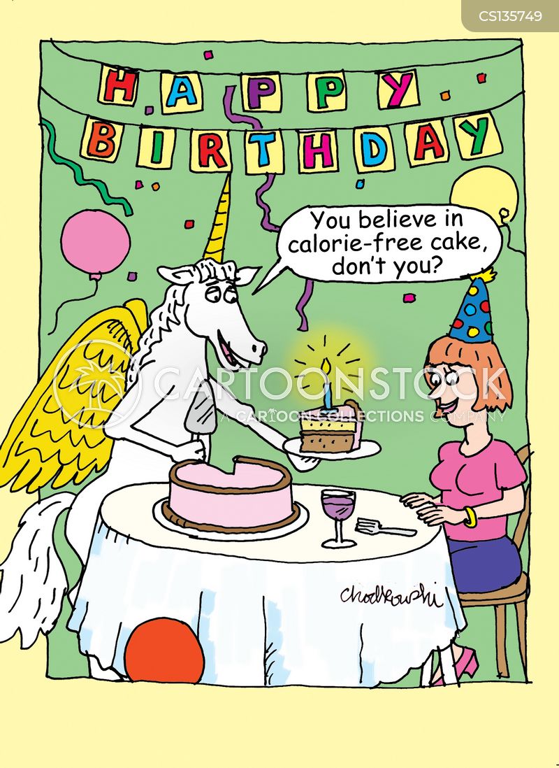 Cartoon of a woman having her own birthday party with balloons, flyers, confetti and a banner with “Happy Birthday.” She’s being served a slice of cake with a candle by a unicorn who is asking if she believes in calorie-free cake, too.