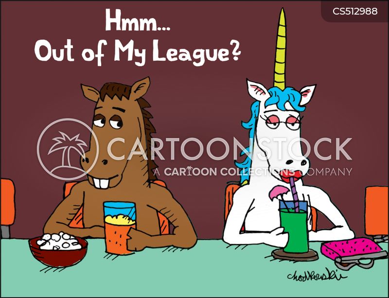 Cartoon. A male horse and a female unicorn are sitting at the bar. He finds her attractive and asks himself, “Hmm.... out of my league?”