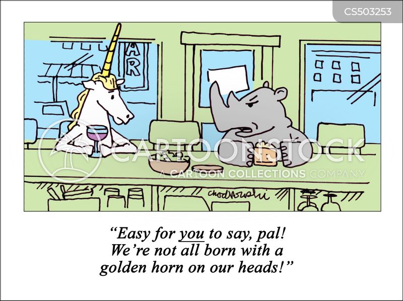 Cartoon. A rhinoceros and a unicorn sitting at a bar counter having a drink. The angry rhino is telling the unicorn, “Easy for you to say, pal. We’re not all born with a golden horn on our heads.”