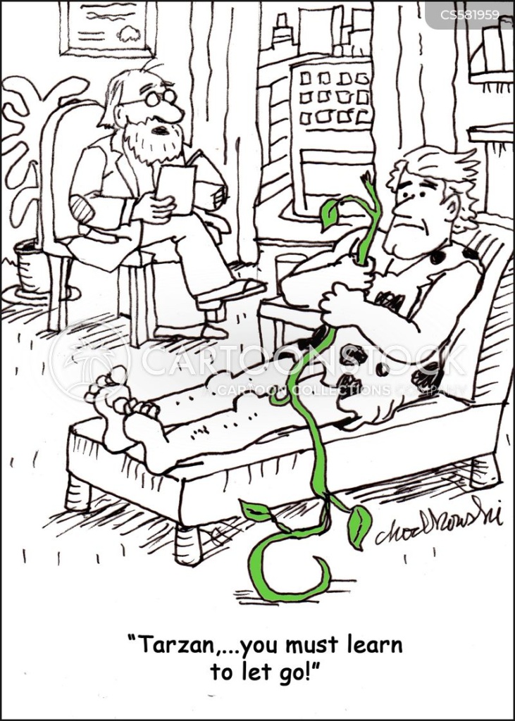 Tarzan clutches a long vine while on psychiatrist's couch. The doctor is telling Tarzan he has to learn  to let go!" 