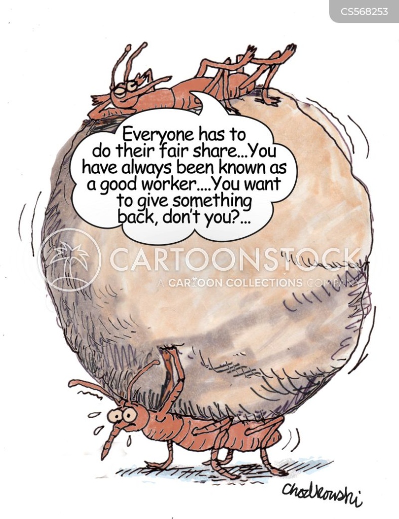An ant is carrying a big load. Another ant is relaxing atop the load and telling the worker it's good that he's giving back.