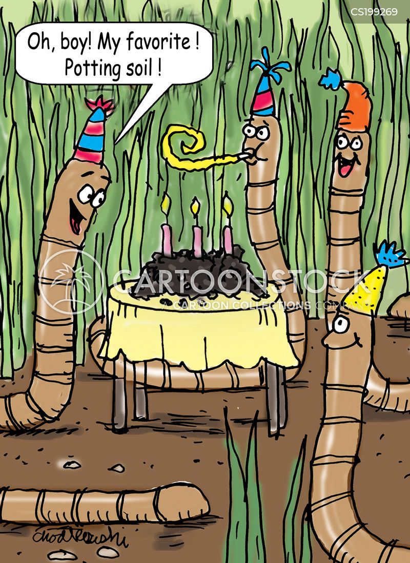 Cartoon of worms celebrating a birthday. The birthday woem is thrilled to see his present is his favorite, potting soil. 