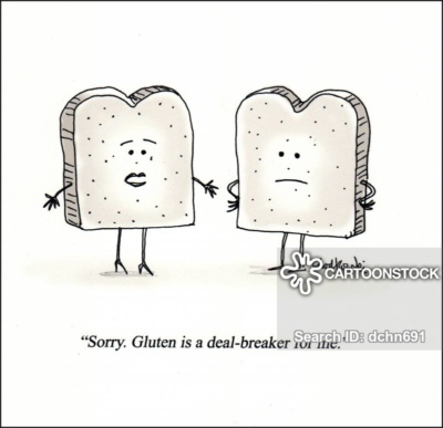 Cartoon of two slices of bread. The female is telling the male she’s sorry but gluten is a deal-breaker for her.