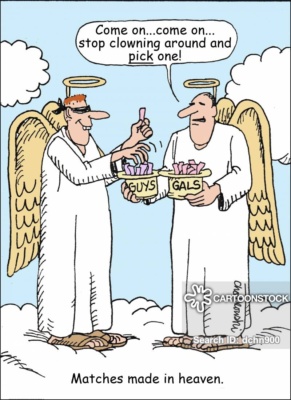 Cartoon. Two angles in heaven. One holds two hats each with names of men and women. The other angle is blindfolded and playing games, hesitating to pick 1 name from each hat. The first angle is annoyed and says, "Come on...Come on...stop clowning around and pick one!"