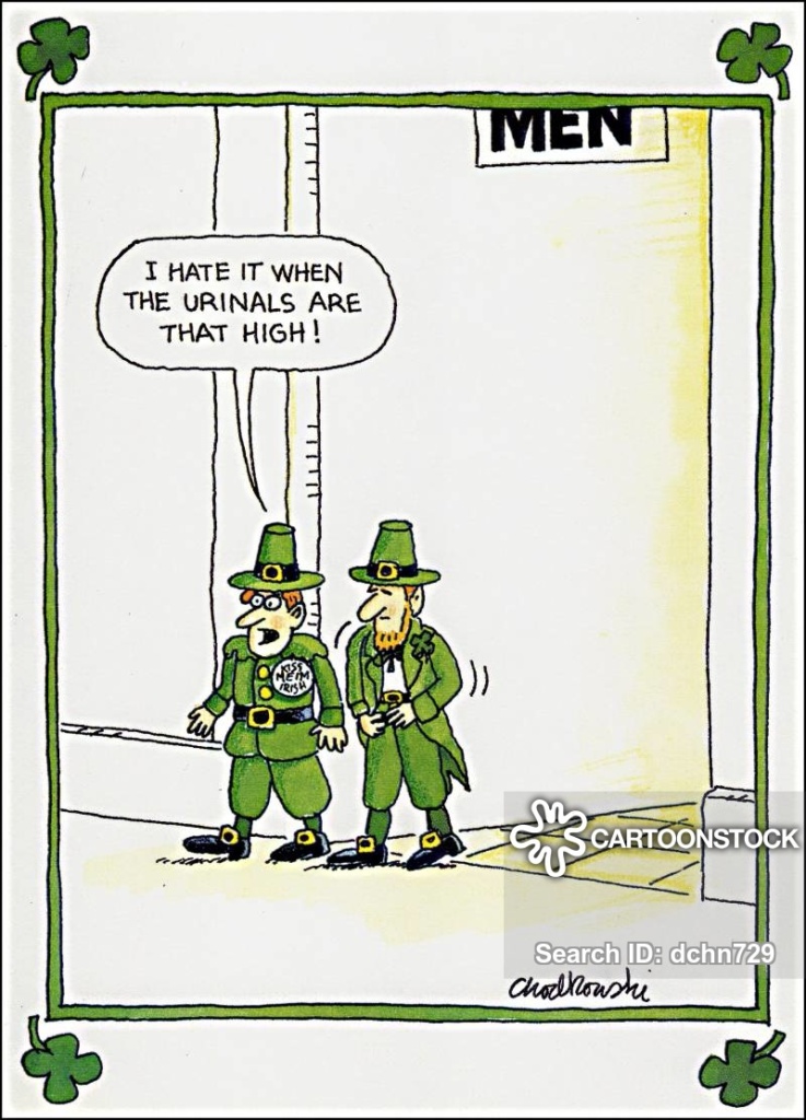 Cartoon of two leprechauns leaving the men’s room. One is telling the other he hates it when the urinals are that high.